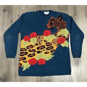 Vintage Sweater Leopard Jaguar Floral Womens Outlander Large